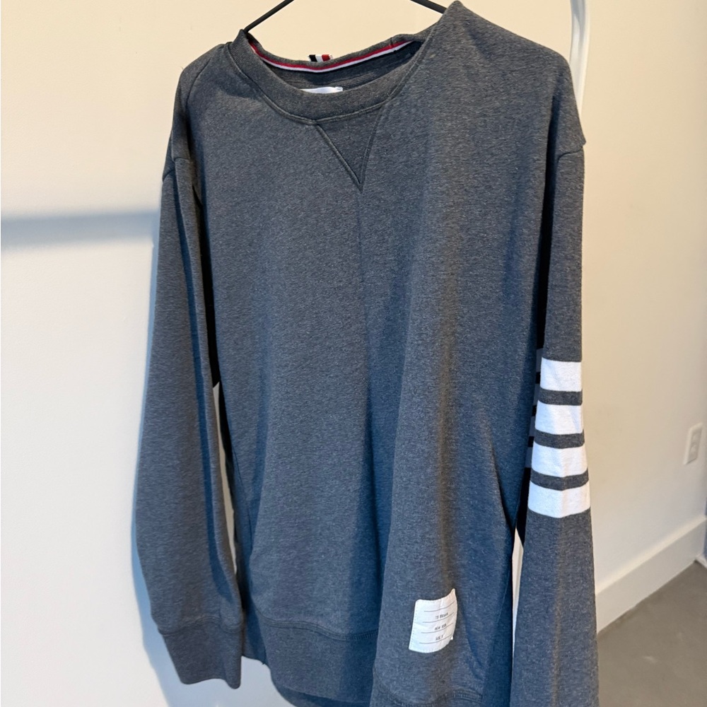Thom Browne Gray Crewneck Sweater with White Stripes